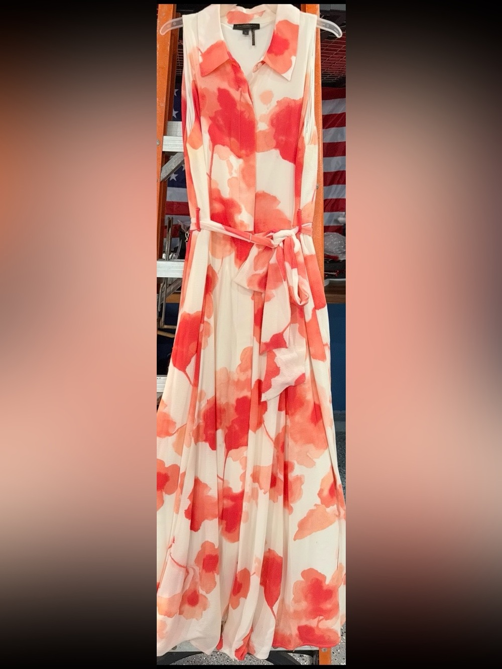 Donna Karen Sleeveless Coral Watercolor Maxi Dress with Tie Waist size 12